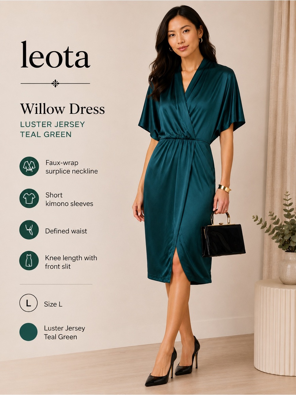 Leota Willow Dress Luster Jersey Teal Green Size L NWT
